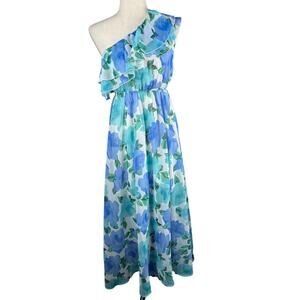 NWT DALIA MACPHEE Women's Ruffle One Shoulder Blue Floral Print Maxi Dress SZ S